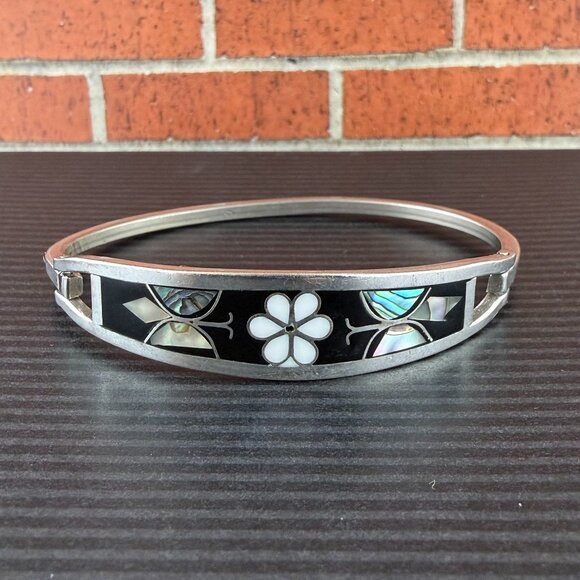 Jewelry - Vintage Taxco Mexico Sterling Silver Inlay Bangle Bracelet Mother of Pearl Abalo